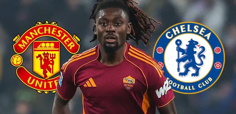Player in AS Roma kit with Manchester United and Chelsea logos