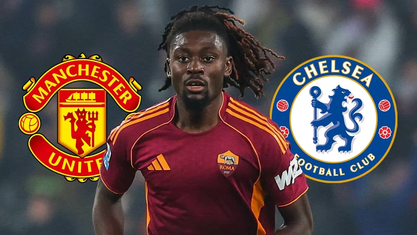 Player in AS Roma kit with Manchester United and Chelsea logos Player in AS Roma kit with Manchester United and Chelsea logos