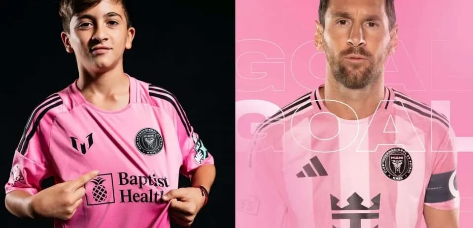 Young player and Lionel Messi in pink Inter Miami jerseys