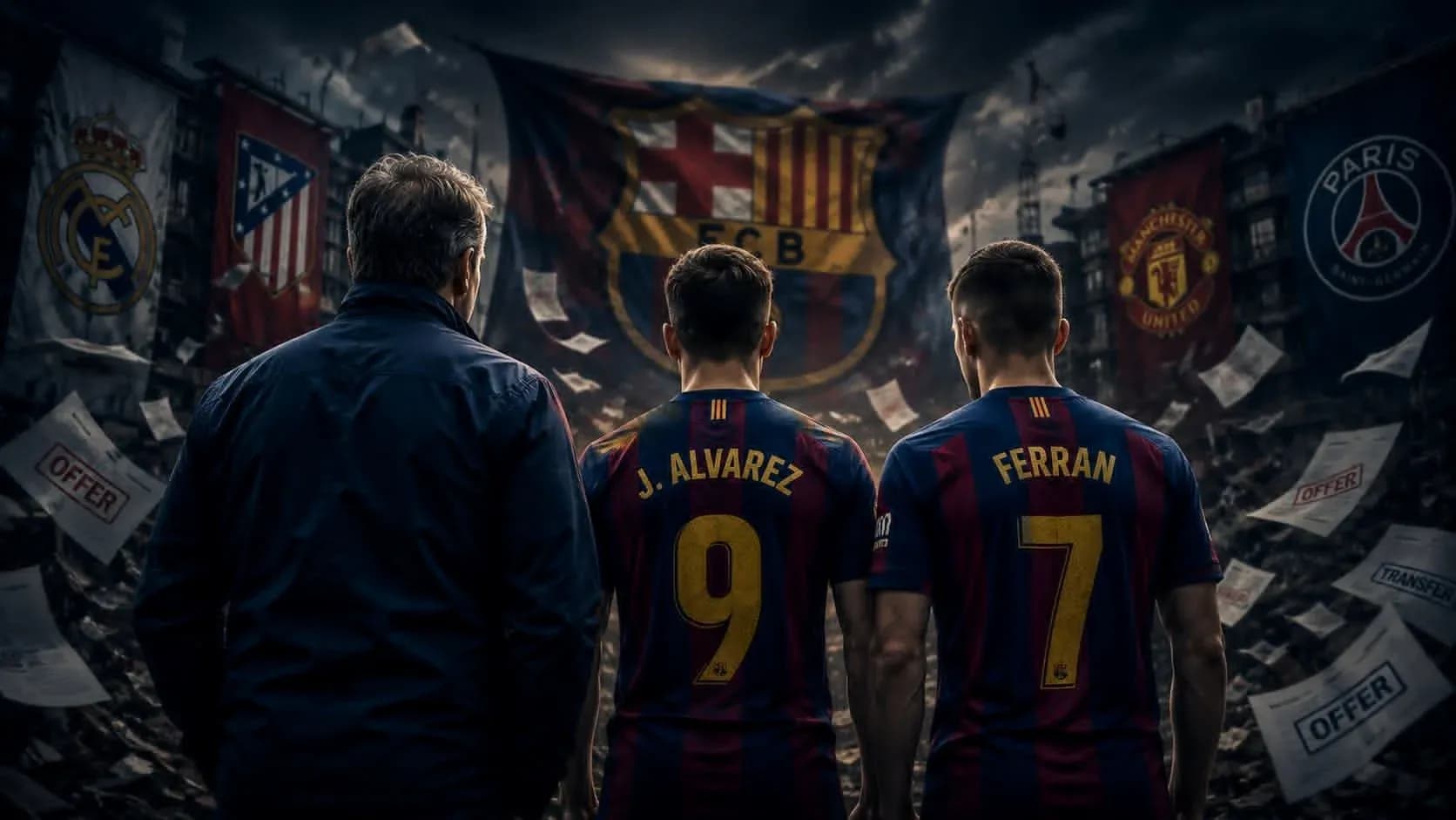 Barcelona players J. Alvarez and Ferran facing banners