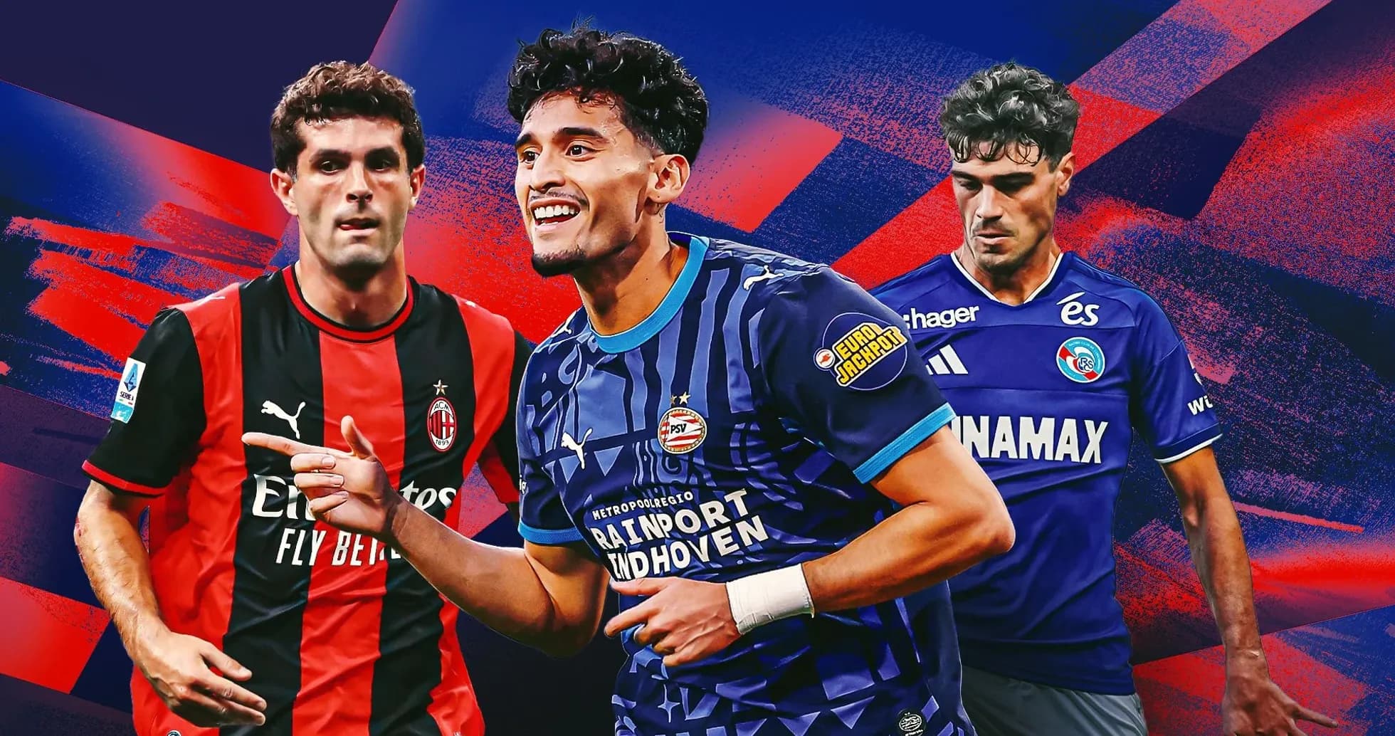 Three soccer players in club jerseys on colorful background
