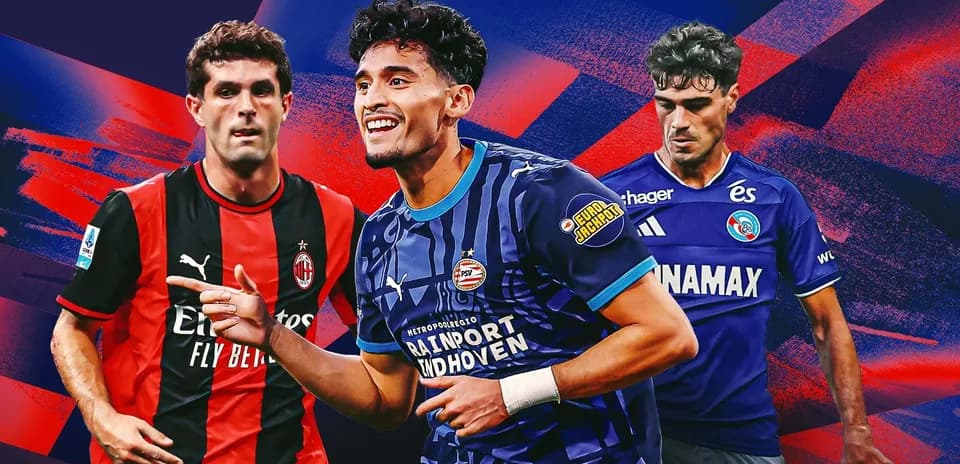 Three soccer players in club jerseys on colorful background
