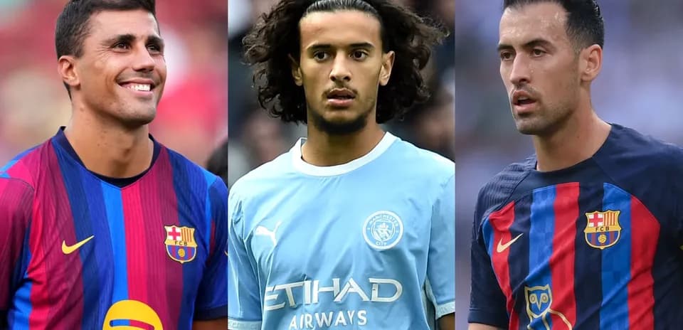 Three soccer players in team jerseys posing together