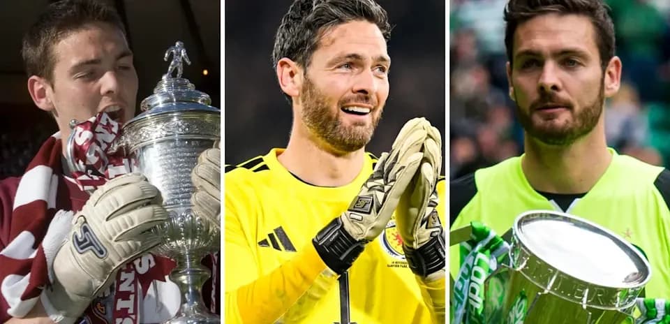 Three goalkeepers holding trophies in separate images
