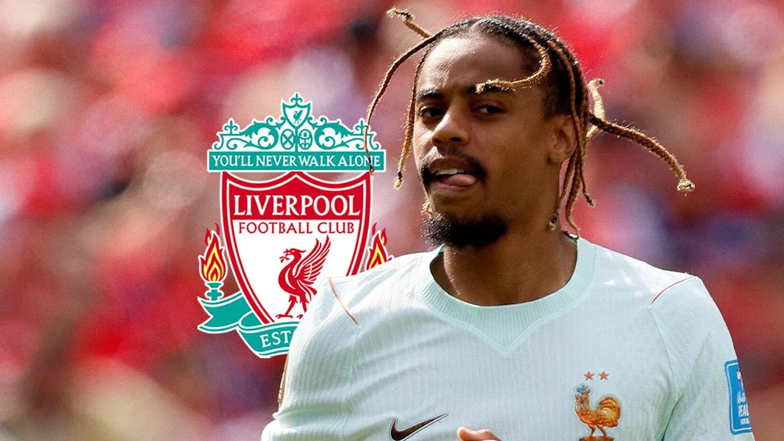 Player in France kit with Liverpool logo background