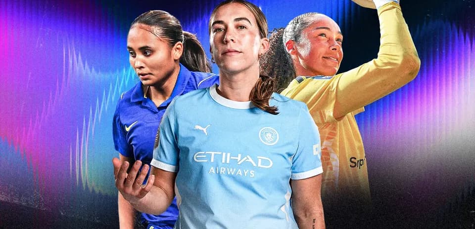 Three female soccer players in dynamic poses