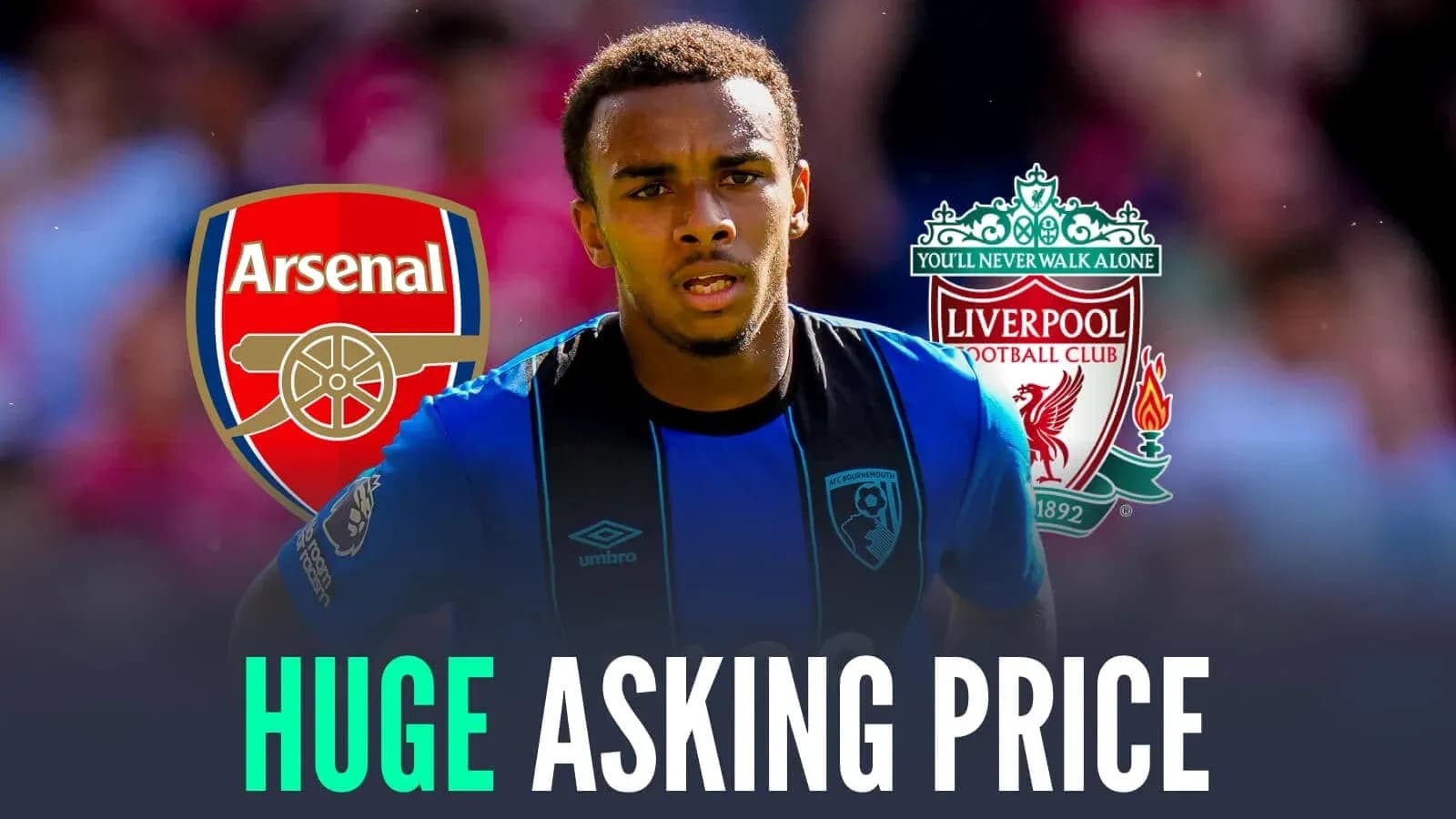 Player in Bournemouth kit with Arsenal and Liverpool logos