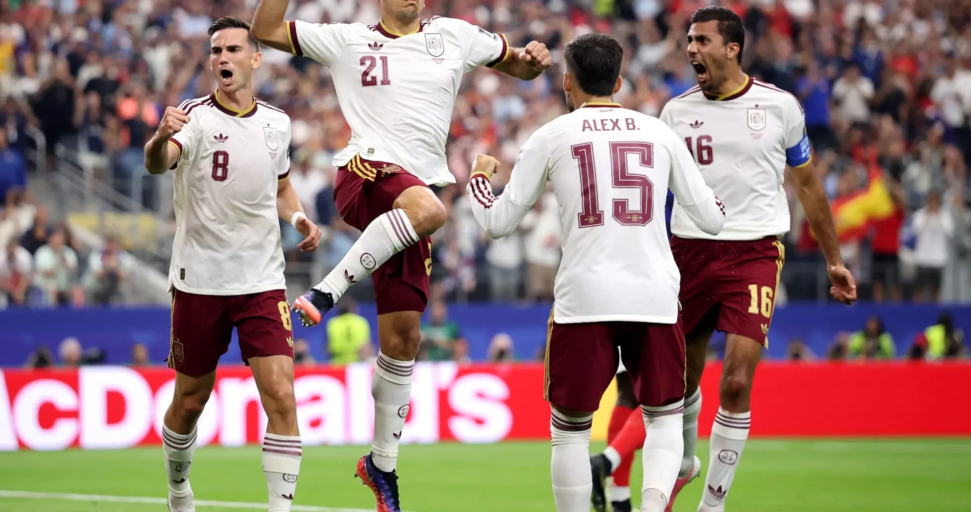 Spain players celebrating a goal during match