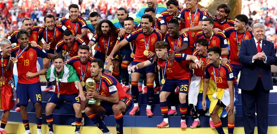 Spain national team celebrating with trophy after victory