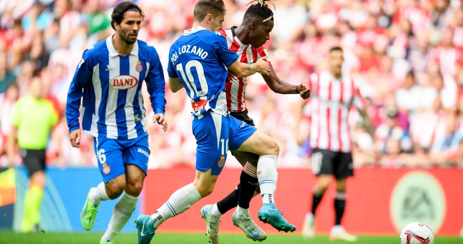 Pol Lozano tackling Athletic Club player