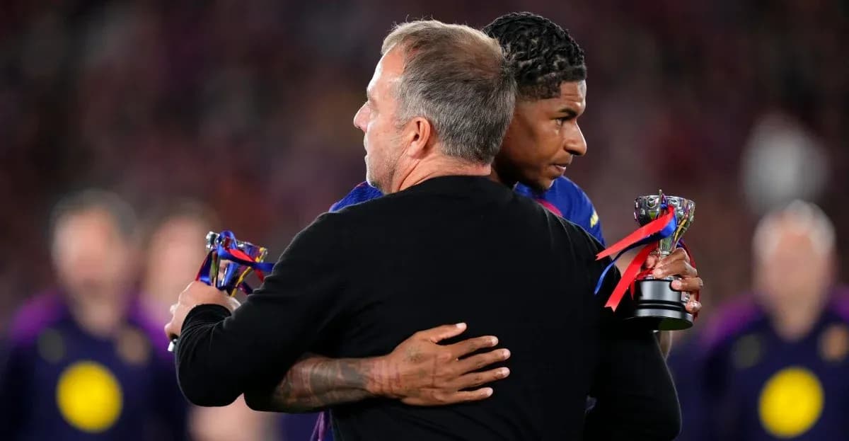Two individuals embracing while holding trophies