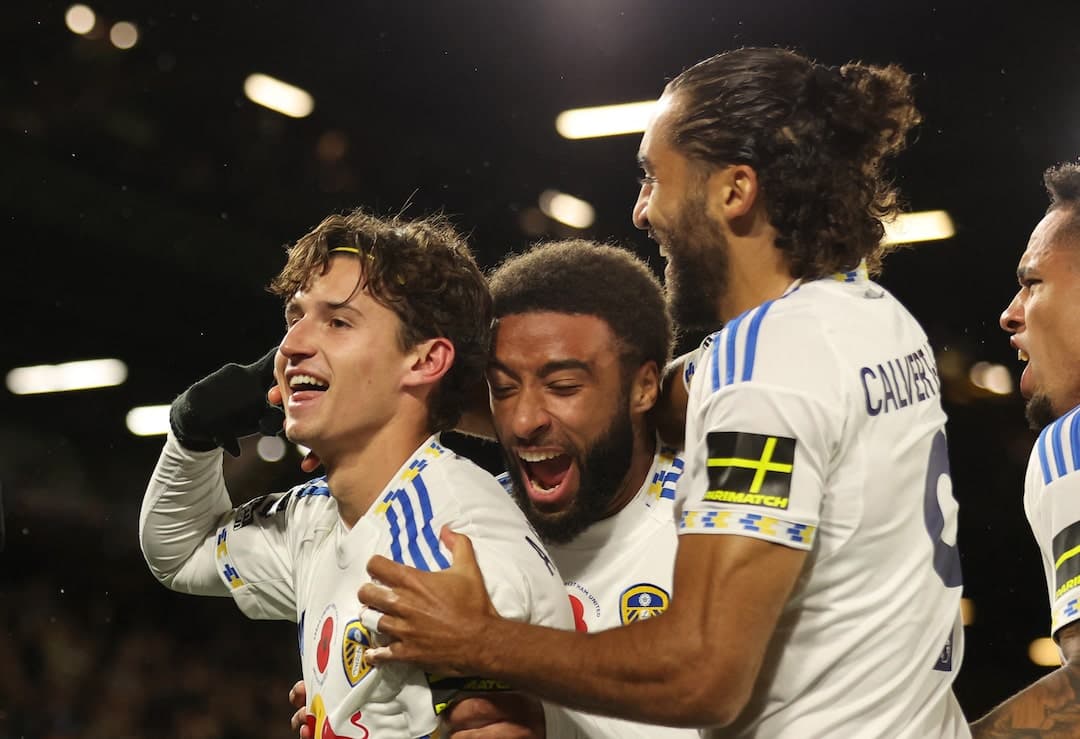 Leeds players celebrating a goal during match