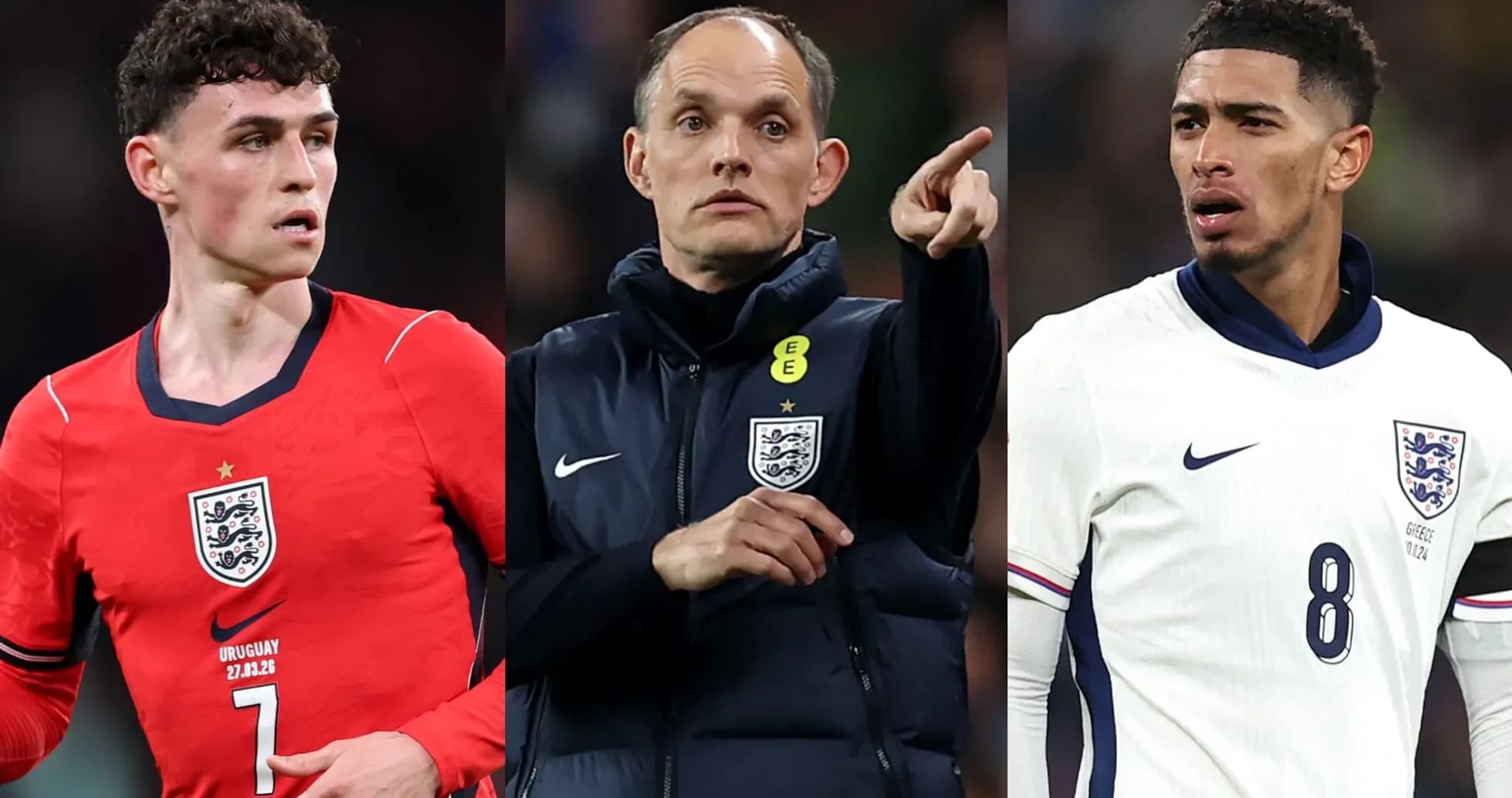 Three England football team members on the pitch