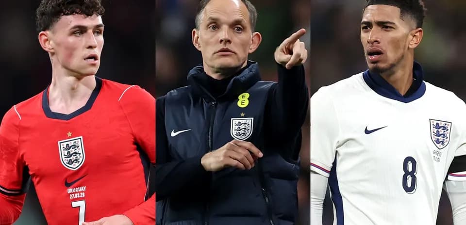 Three England football team members on the pitch