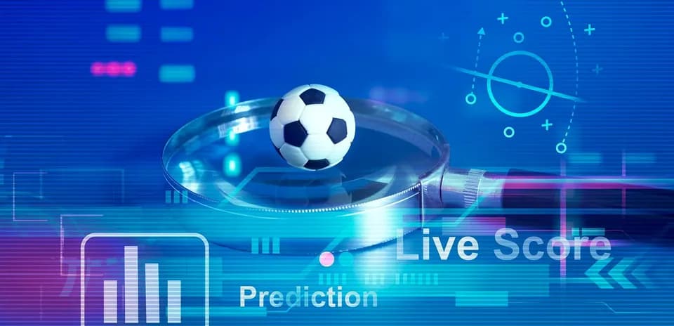 Magnifying glass over a soccer ball with data graphics