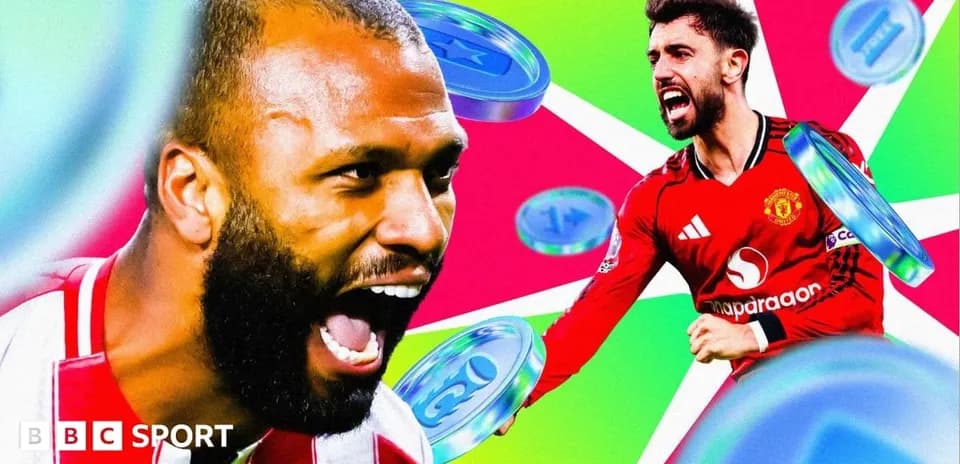 Two football players celebrating in vibrant graphic design