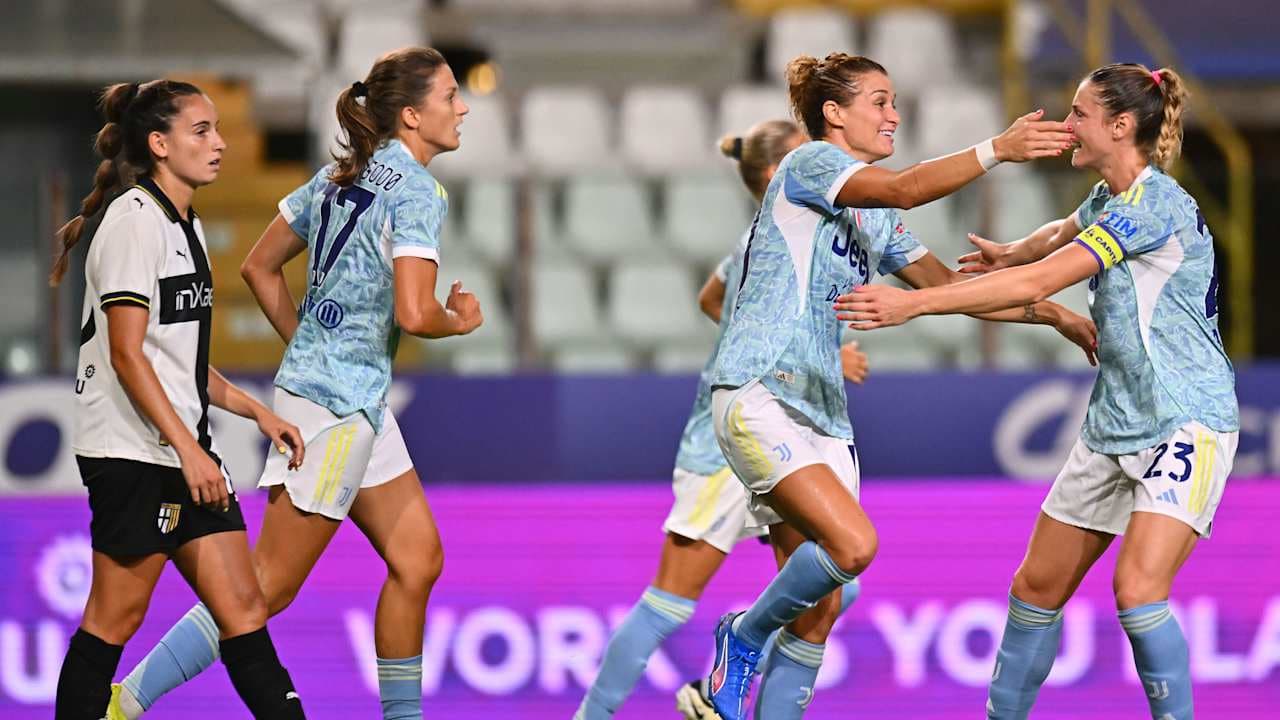Juventus Women celebrating a goal against Parma
