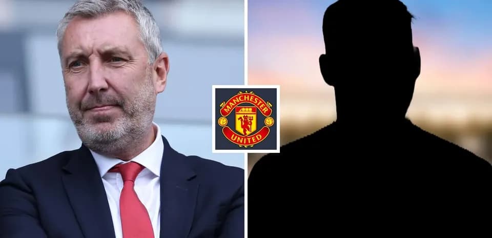 Manager in suit next to silhouette and Manchester United logo