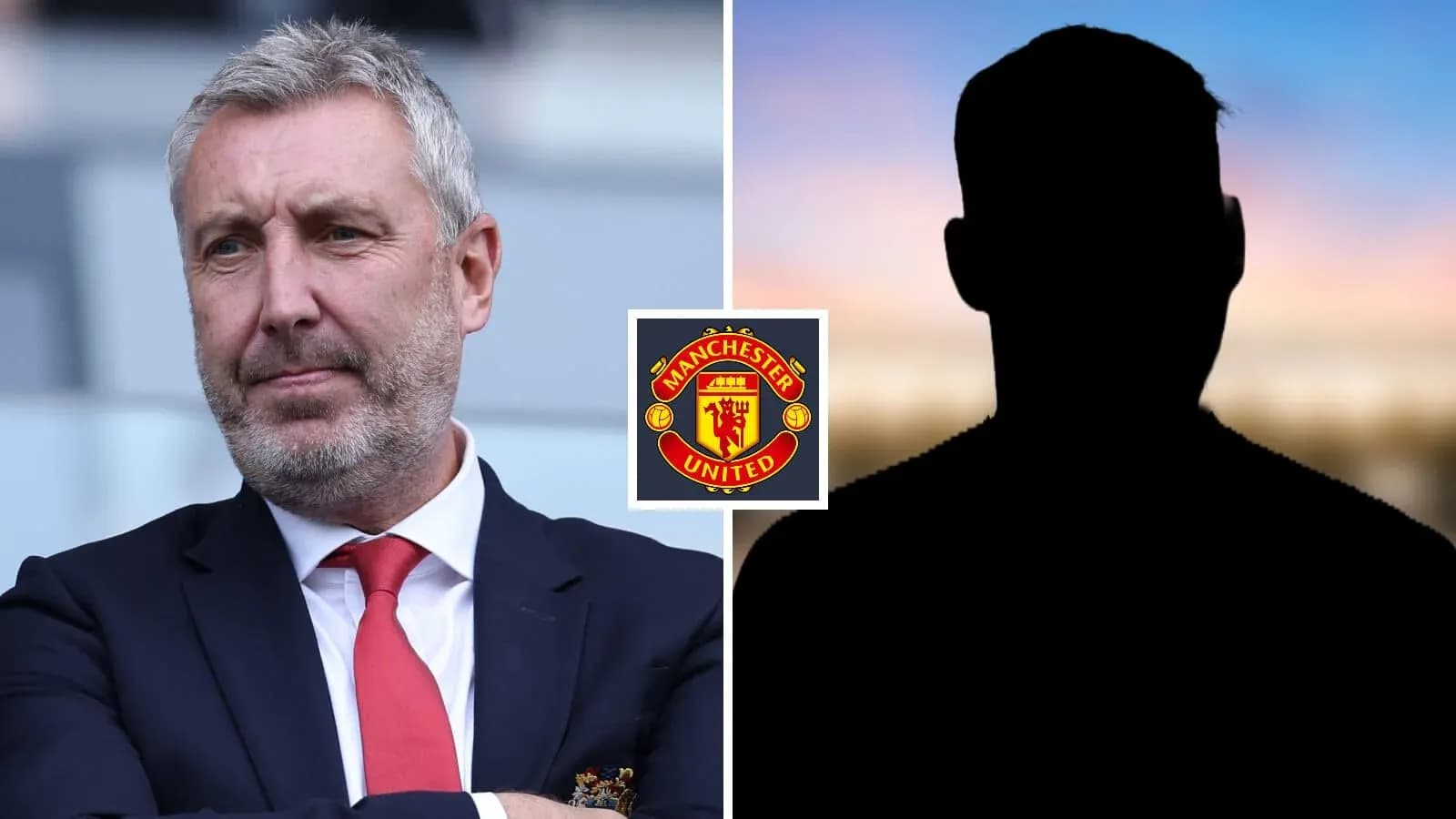 Manager in suit next to silhouette and Manchester United logo