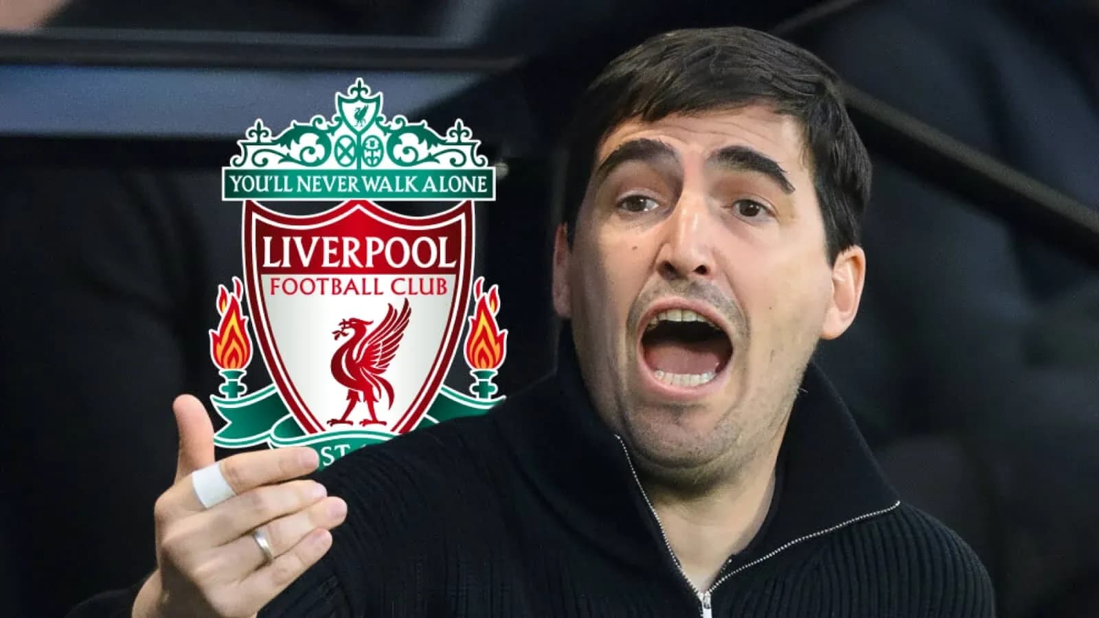 Coach gesturing passionately with Liverpool logo in background