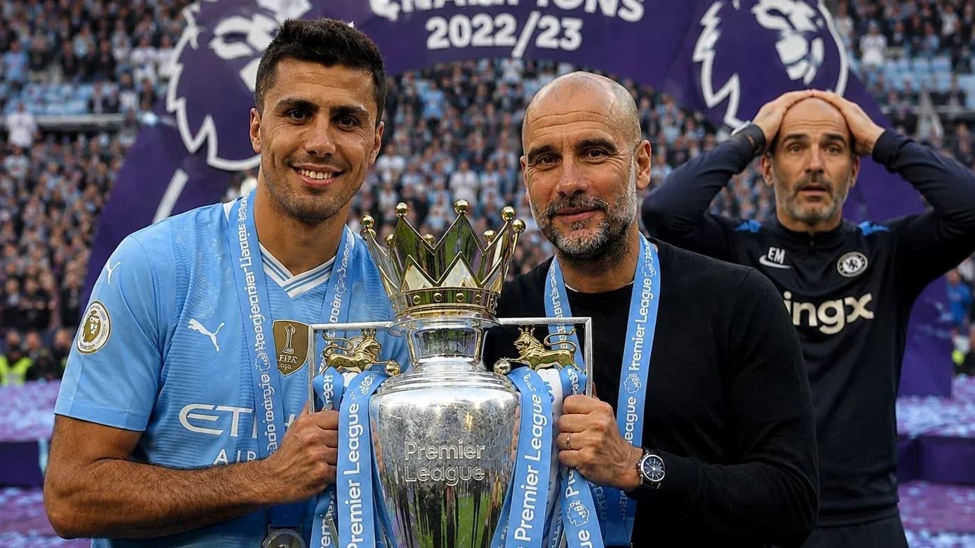 Player and manager celebrating Premier League trophy win