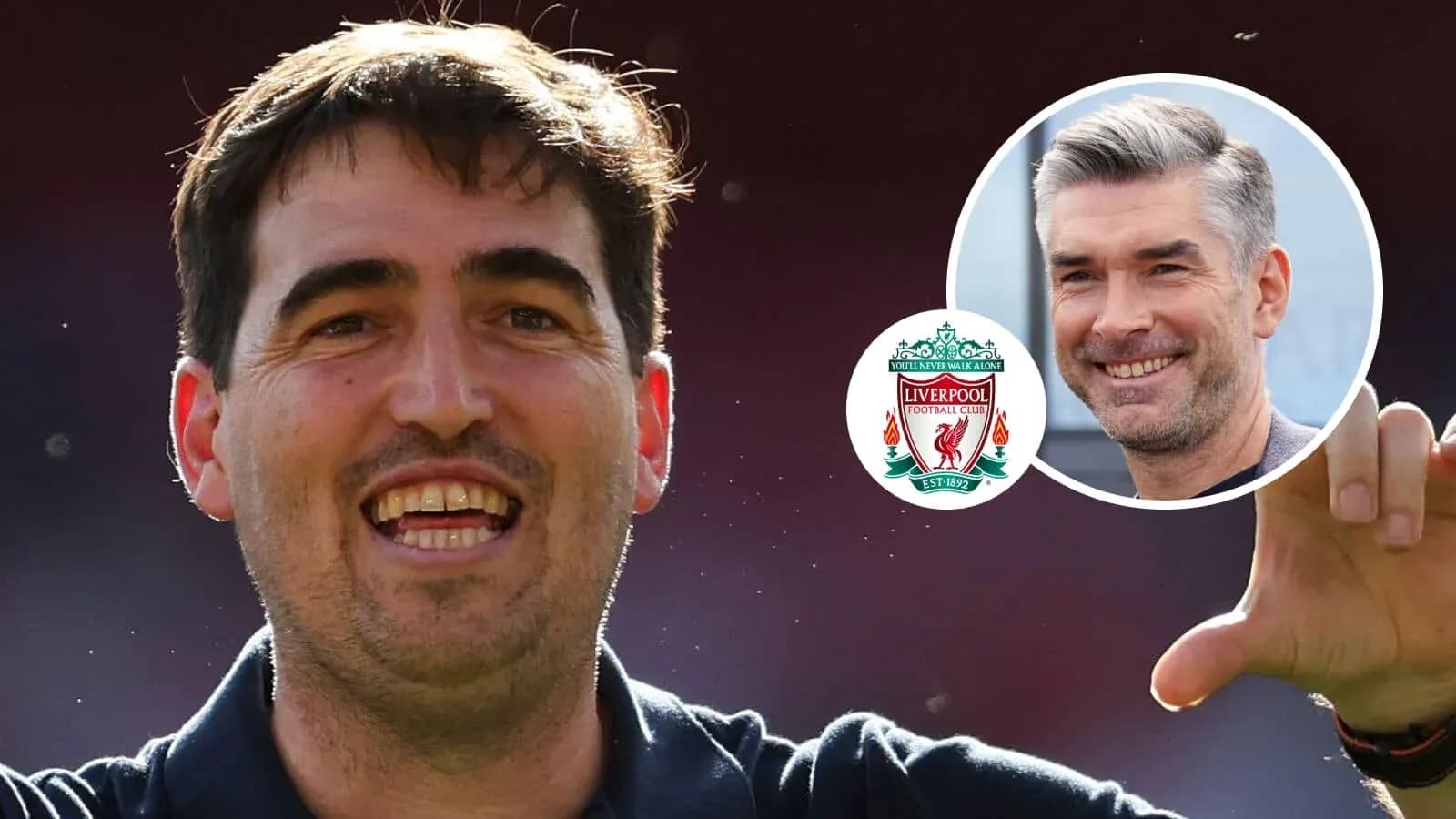 Coach celebrating with Liverpool club logo in background Coach celebrating with Liverpool club logo in background