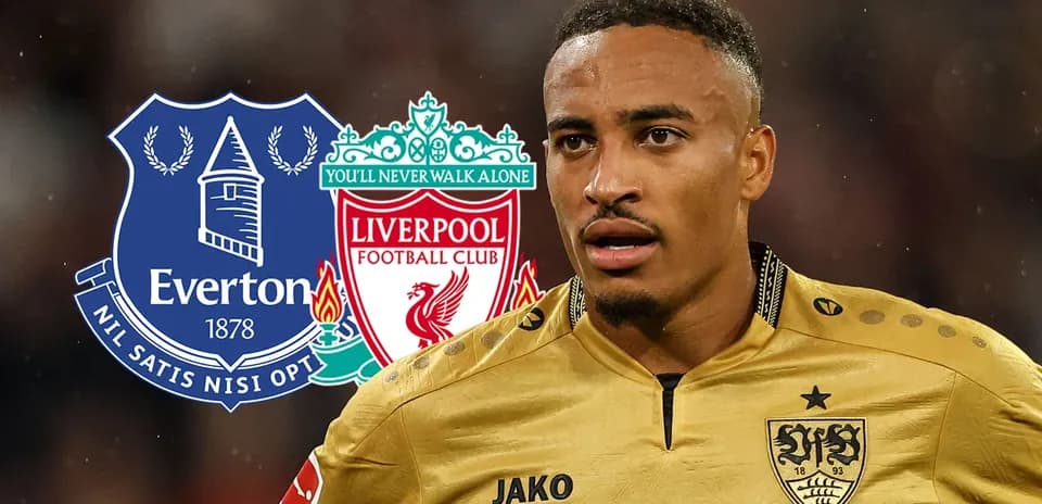 Player in yellow kit with Everton and Liverpool logos