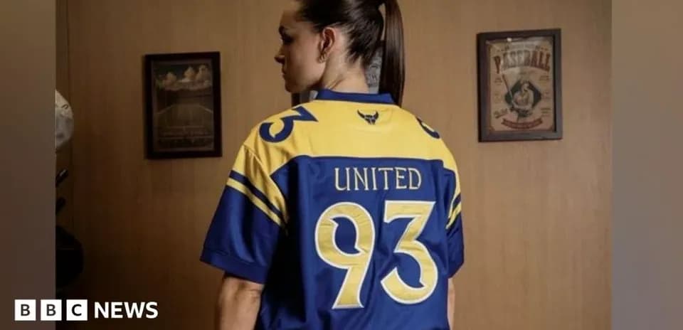 Person wearing a blue and yellow jersey, back view