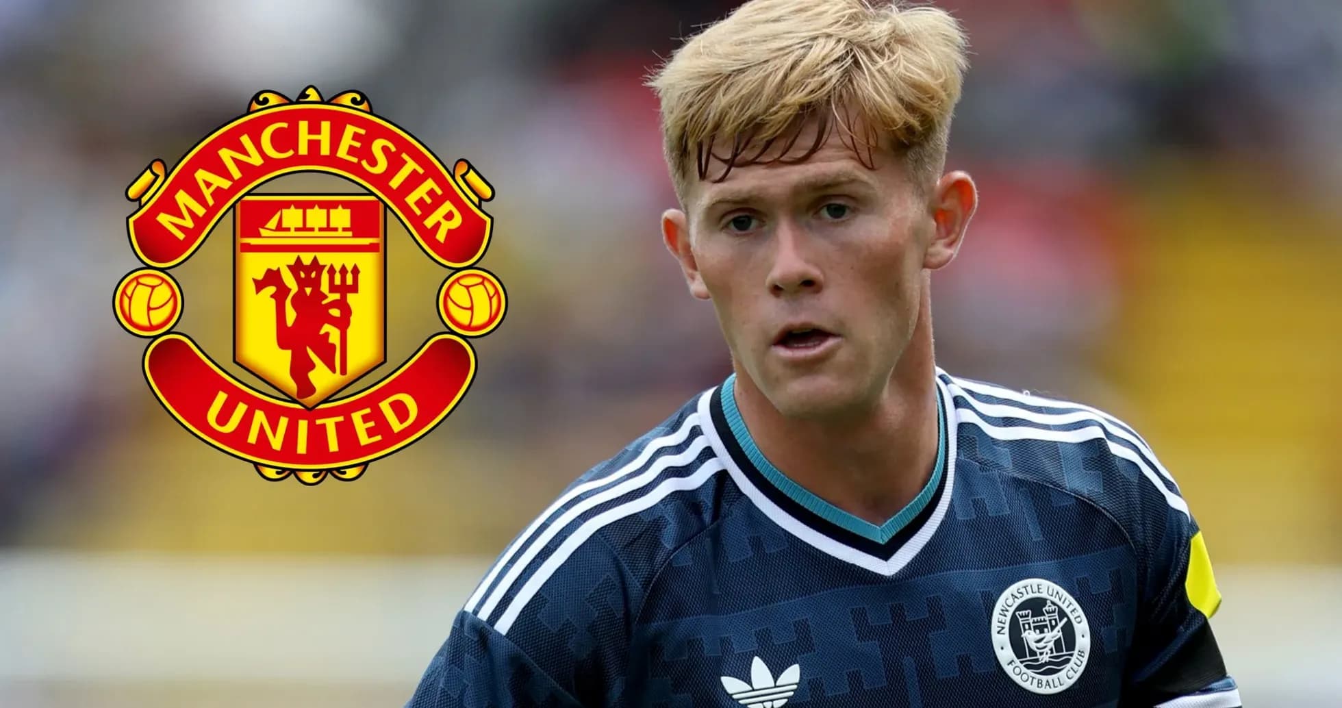 Player in action with Manchester United logo background