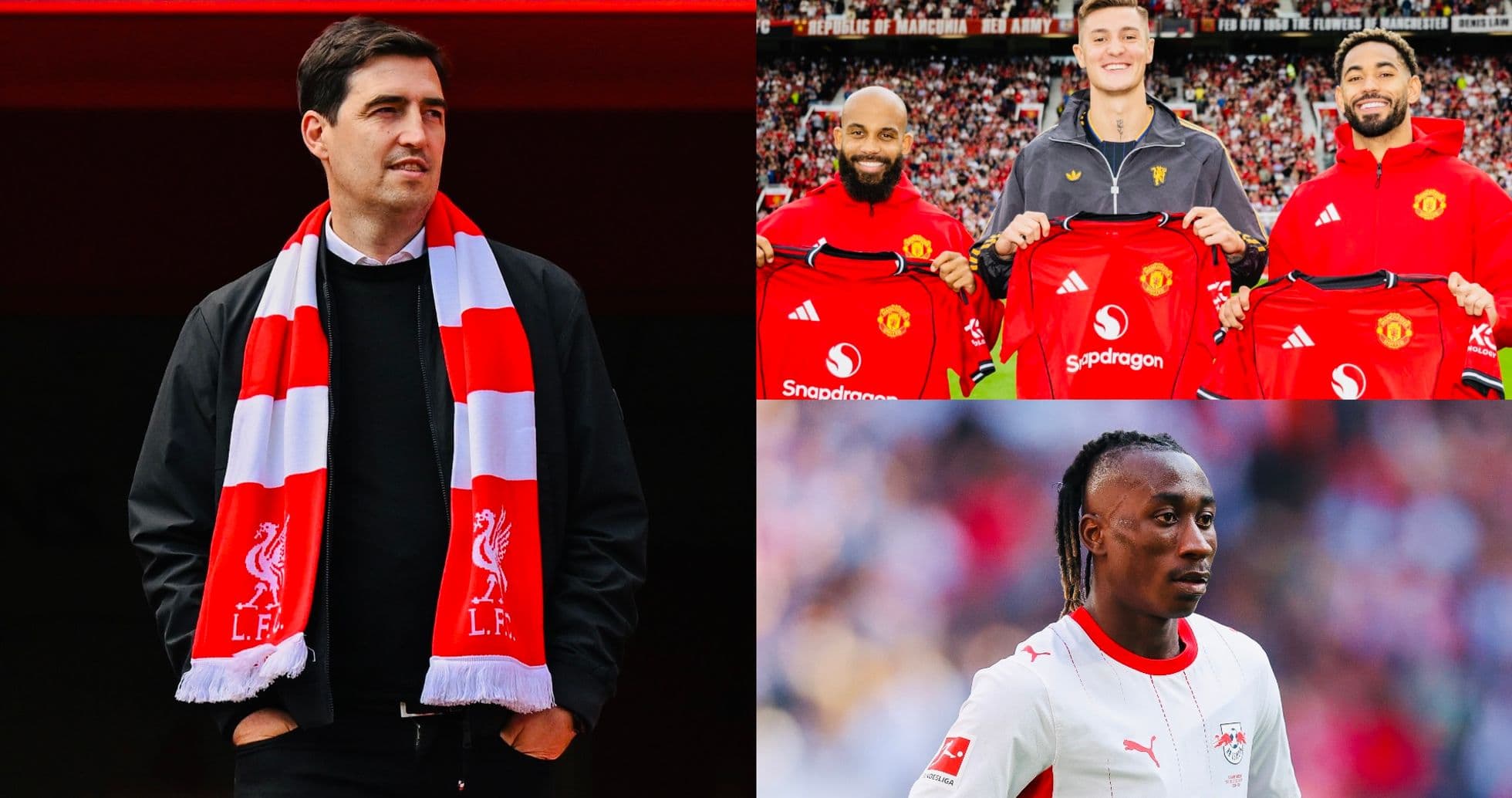 Various football figures in team jerseys and scarves