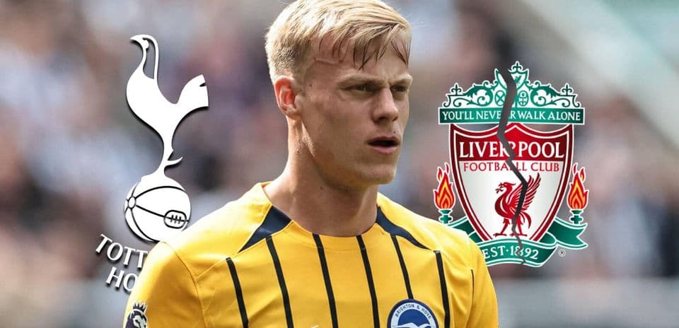 Player in Brighton kit with Tottenham and Liverpool logos