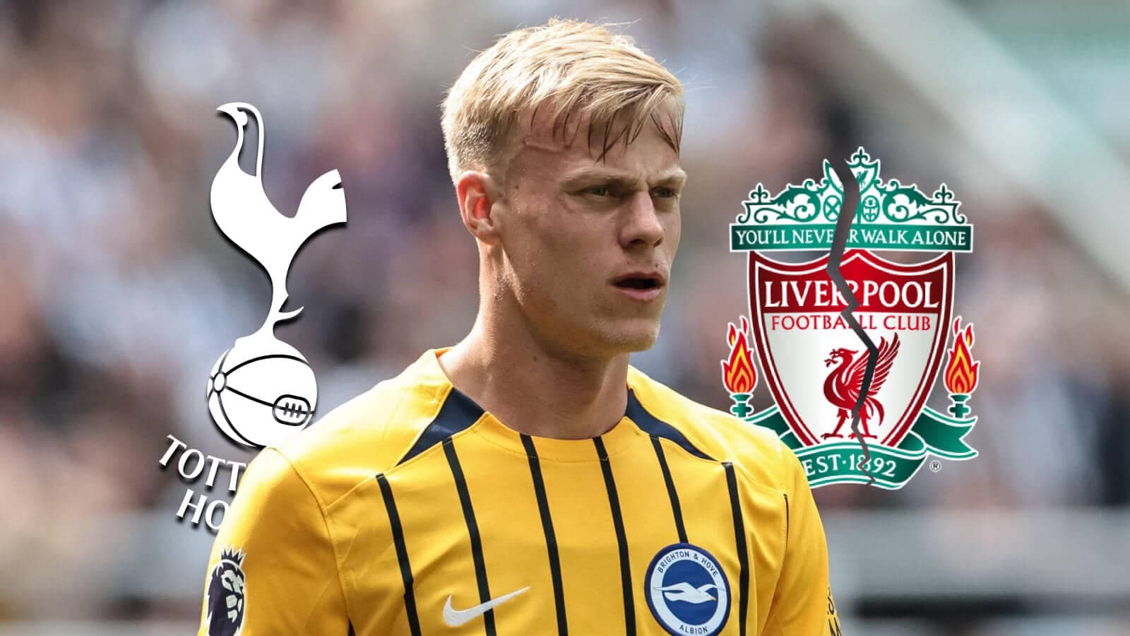 Player in Brighton kit with Tottenham and Liverpool logos