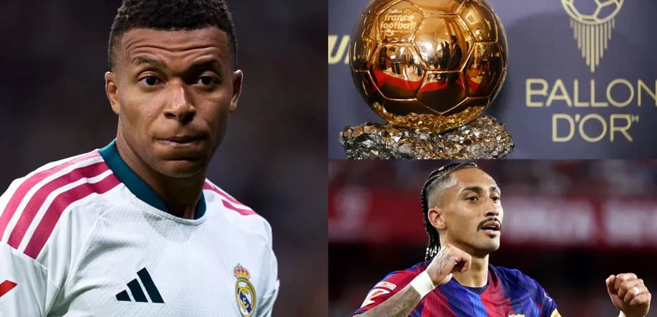 Mbappé and player celebrating near Ballon d'Or trophy