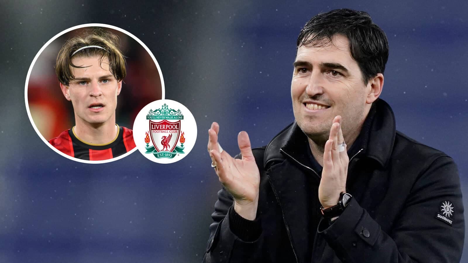 Coach applauding with player image and Liverpool logo