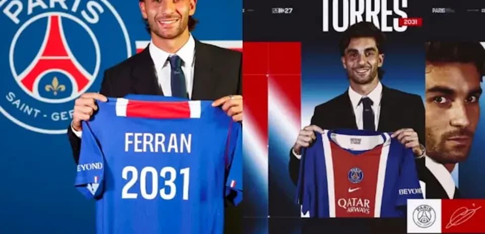 Ferran Torres holding PSG jersey during announcement event