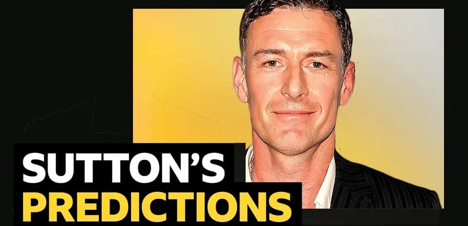 Man presenting predictions with text overlay