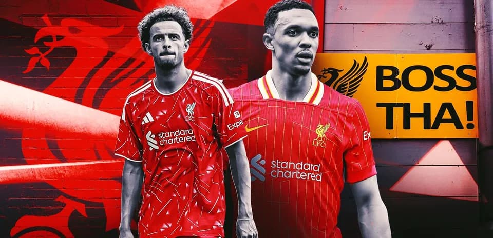 Two Liverpool players in home kits against red background