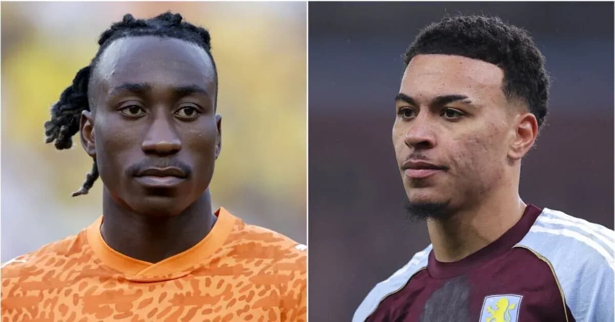Two football players in team jerseys, serious expressions