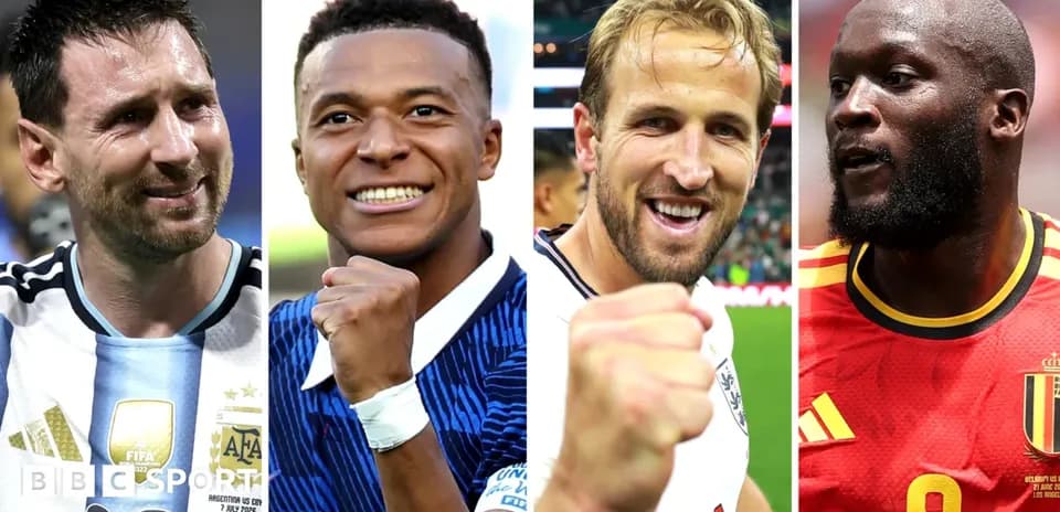 Four football players celebrating: Messi, Mbappé, Kane, Lukaku