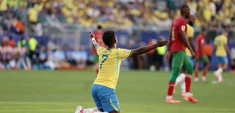 Brazil player celebrating during match against Morocco