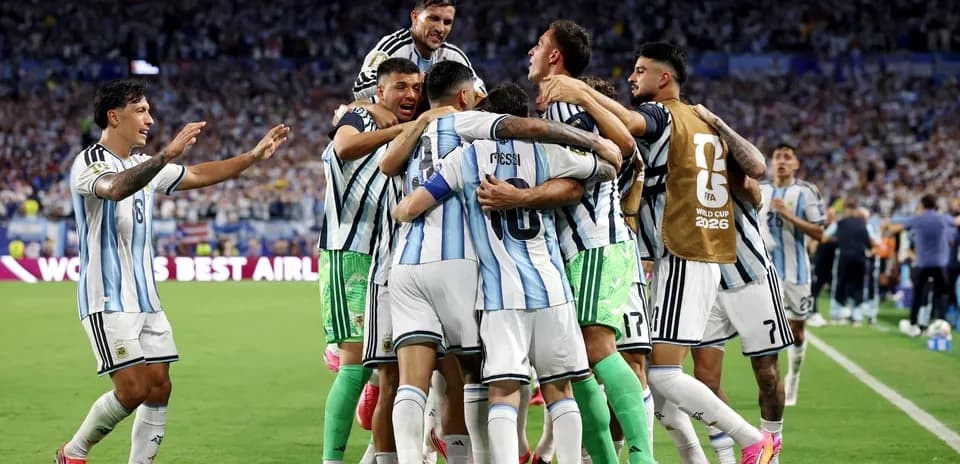 Argentina players celebrating a goal in World Cup match