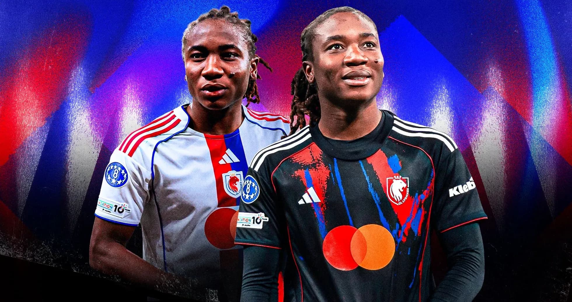 Two players in different kits against colorful background