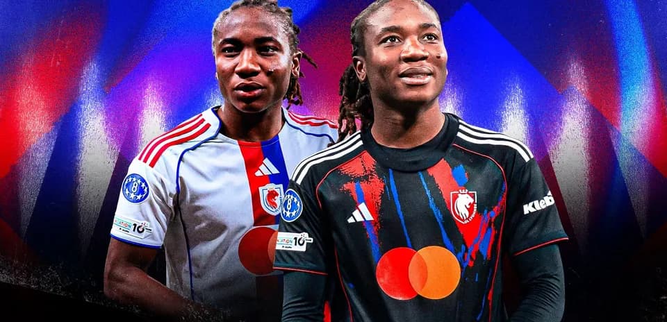 Two players in different kits against colorful background