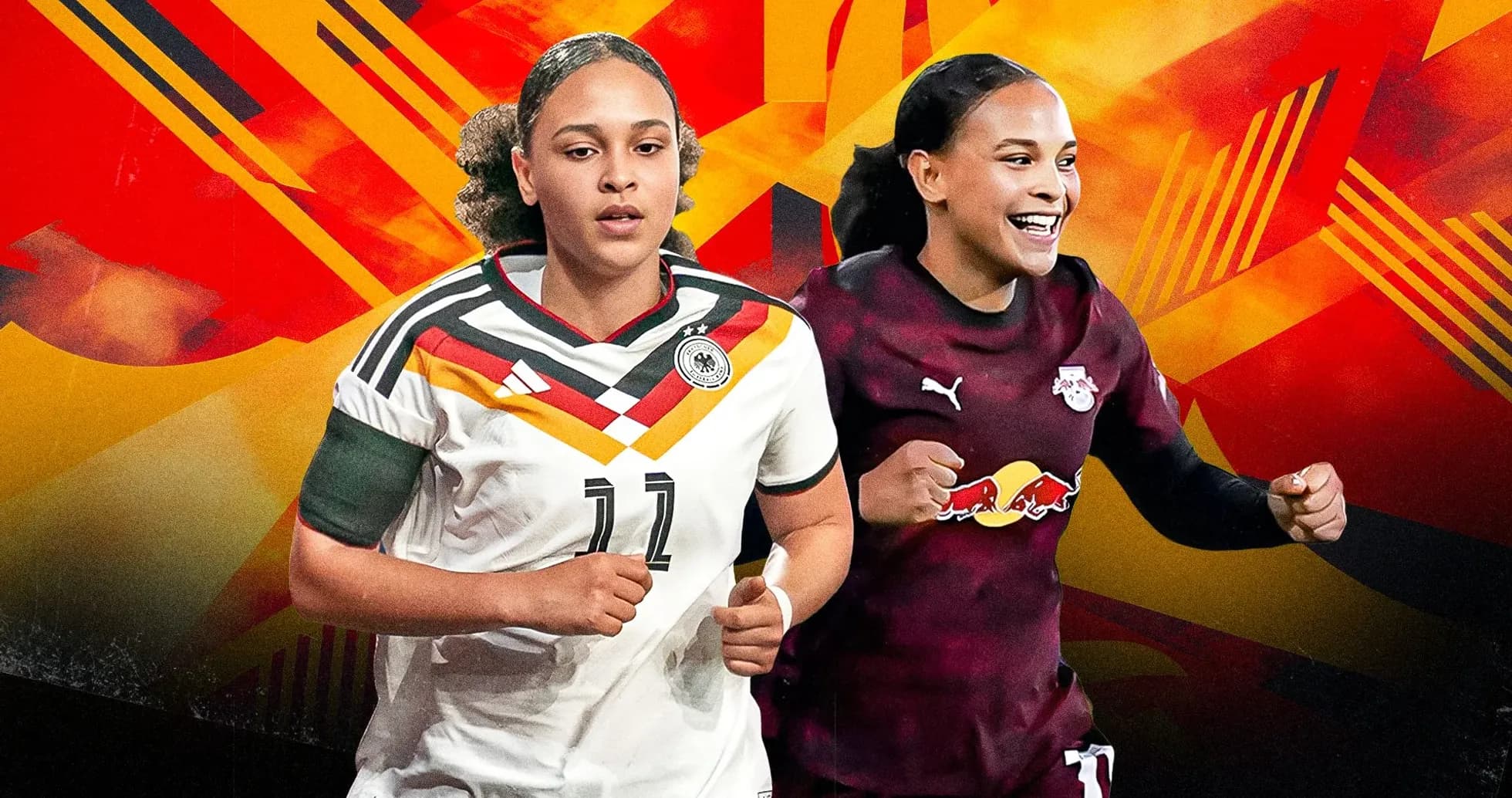 Two female soccer players in team jerseys smiling