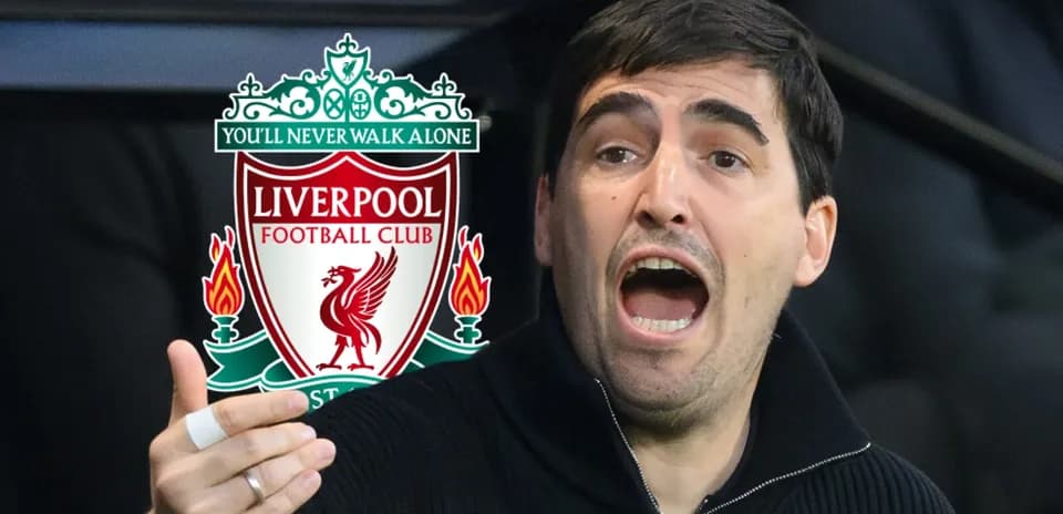 Person gesturing passionately with Liverpool FC logo behind
