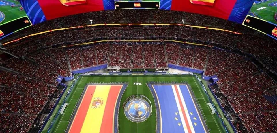 Flags of Spain and Cape Verde displayed in stadium