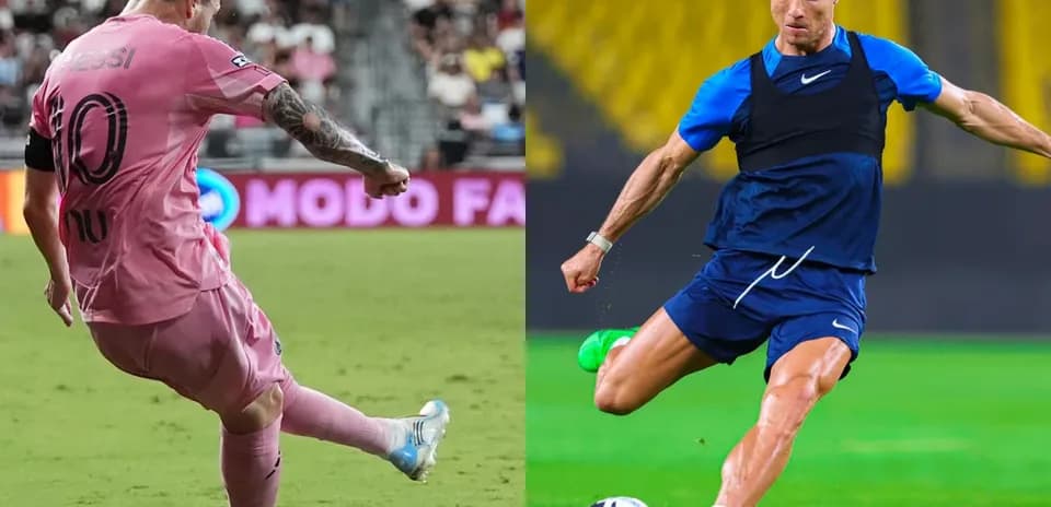 Messi kicking the ball in pink kit; Ronaldo training