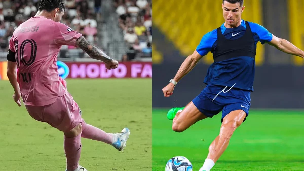 Messi kicking the ball in pink kit; Ronaldo training