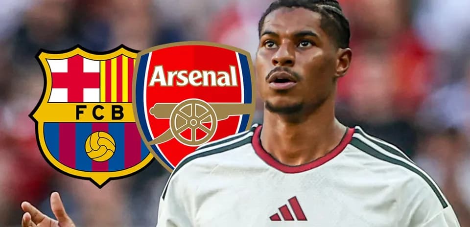 Player with Barcelona and Arsenal logos in background