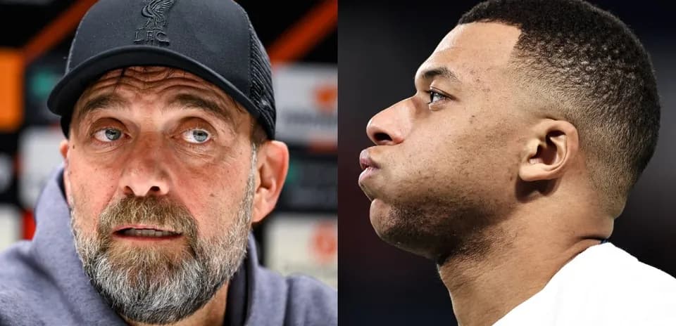 Juergen Klopp and Kylian Mbappe in separate portraits